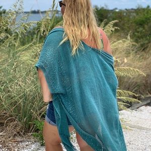 New, Teal sequin boho kimono coverup lightweight can tie in front or leave open